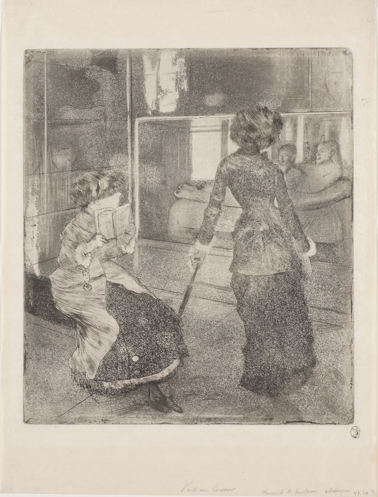 Edgar Degas, Mary Cassatt in the Etruscan Gallery at the Louvre, ca. 1879-1880, soft-ground etching, drypoint, aquatint, and etching on paper (@PDXArtMuseum)