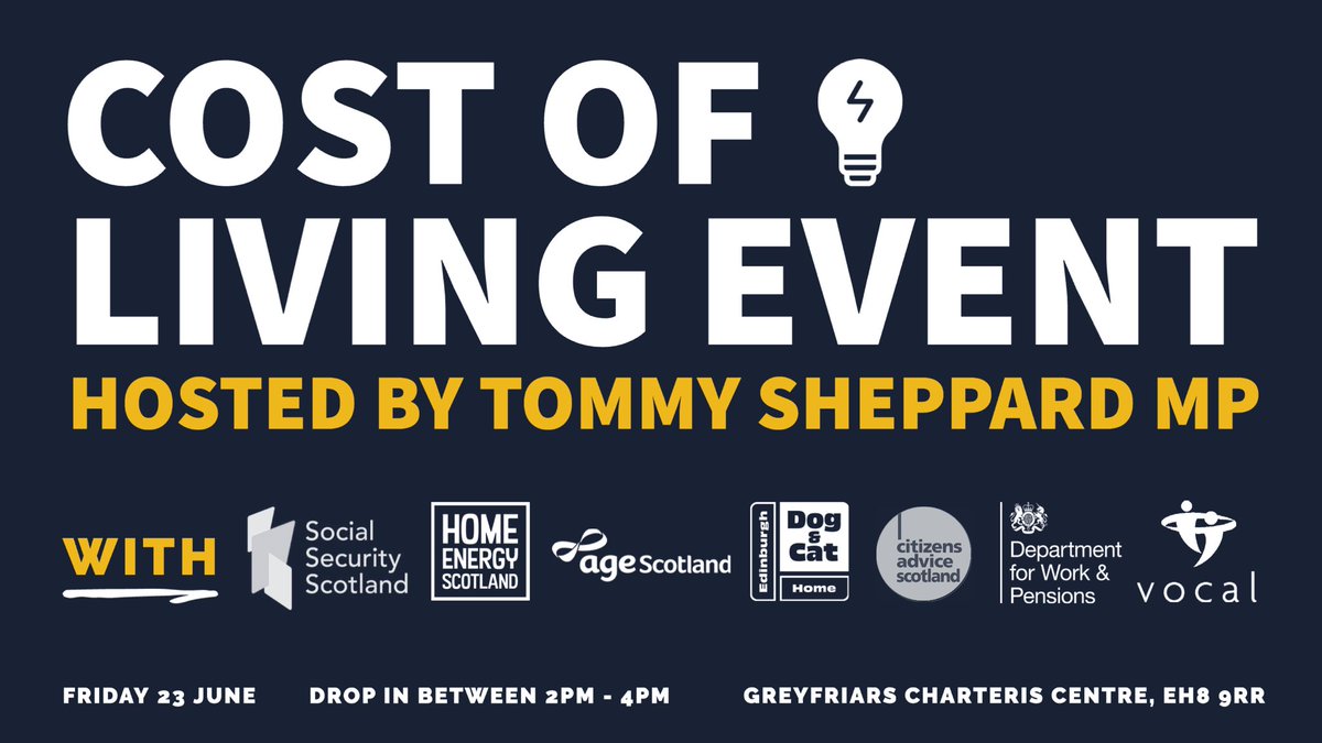 The cost of living is still far too high for ordinary families across Edinburgh. 

That’s why I’m hosting another free advice event with organisations to help folk as prices continue to soar.

Drop in between 2pm-4pm on Friday 23 June @CharterisCentre.👇