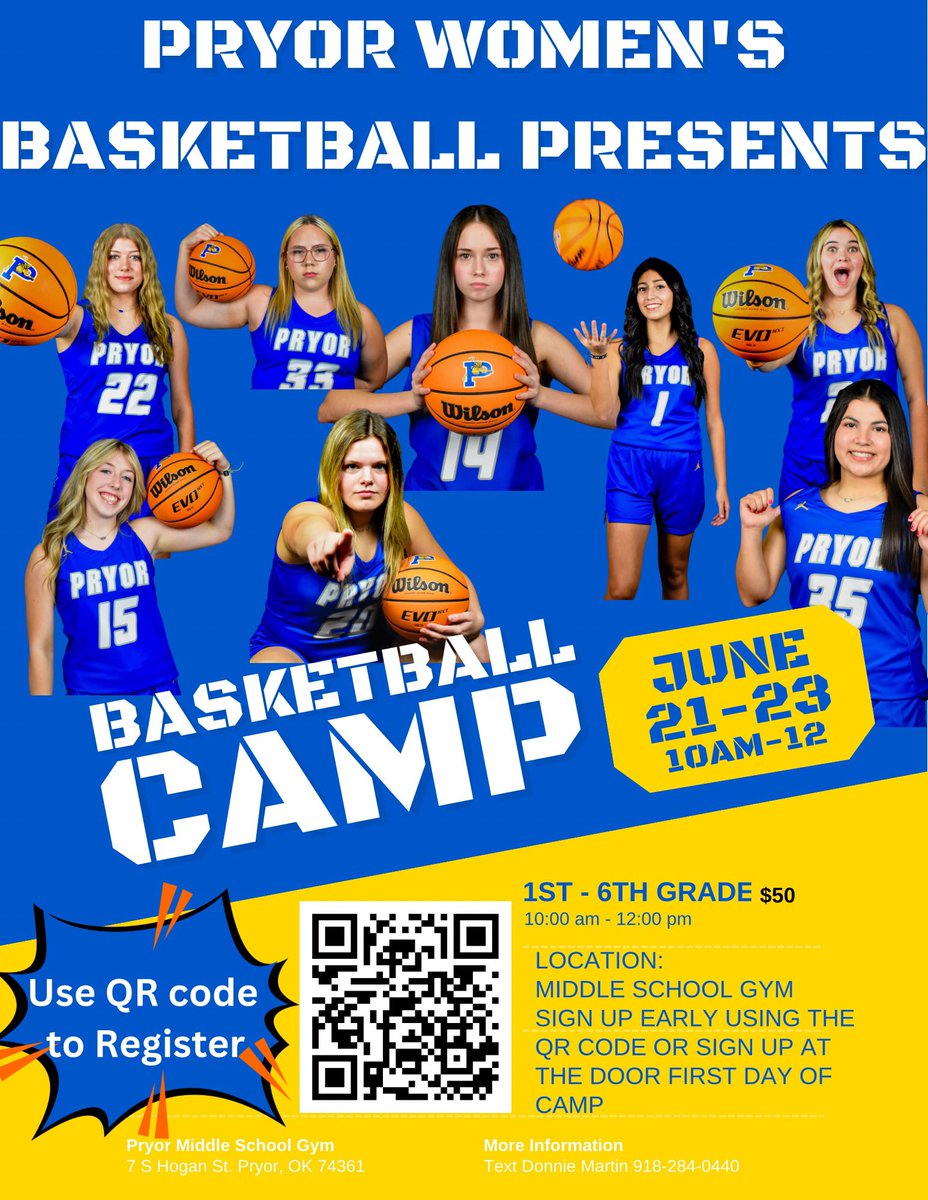 Kids camp starts tomorrow! (Wednesday-Friday). 
Grades 1st-6th. 10am-12pm @ Pryor middle school gym. 
You can sign up and pay at the door. Questions: contact Coach Martin 918-284-0440.
