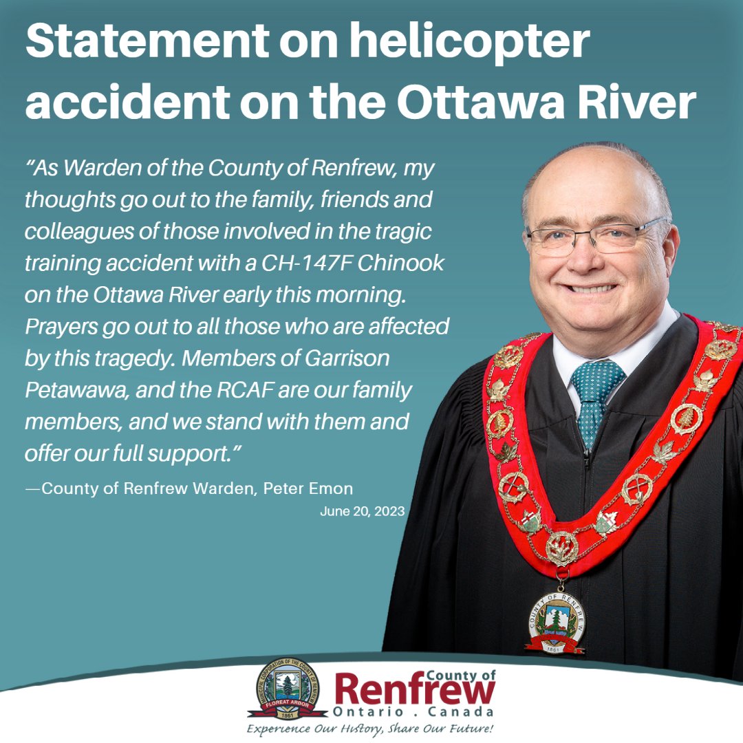 Please see our statement from Warden <a href="/PeterEmon1/">Peter Emon</a> in relation to helicopter accident on the Ottawa River this morning near Garrison Petawawa. We stand with our neighbours at this difficult time.

<a href="/RCAF_ARC/">Royal Canadian Air Force</a> 
#RenfrewCounty