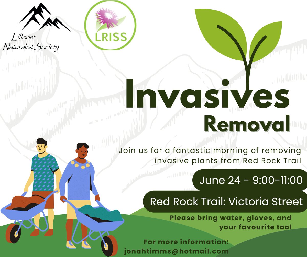 Plans this Saturday? You should join us & the #Lillooet Naturalist Society for a fun & rewarding morning of removing #bcinvasives at Red Rock Trail!

Don't forget to bring water, gloves, & your favourite  tool.

Make friends, get outdoors, & give back to the environment! 🌿💚