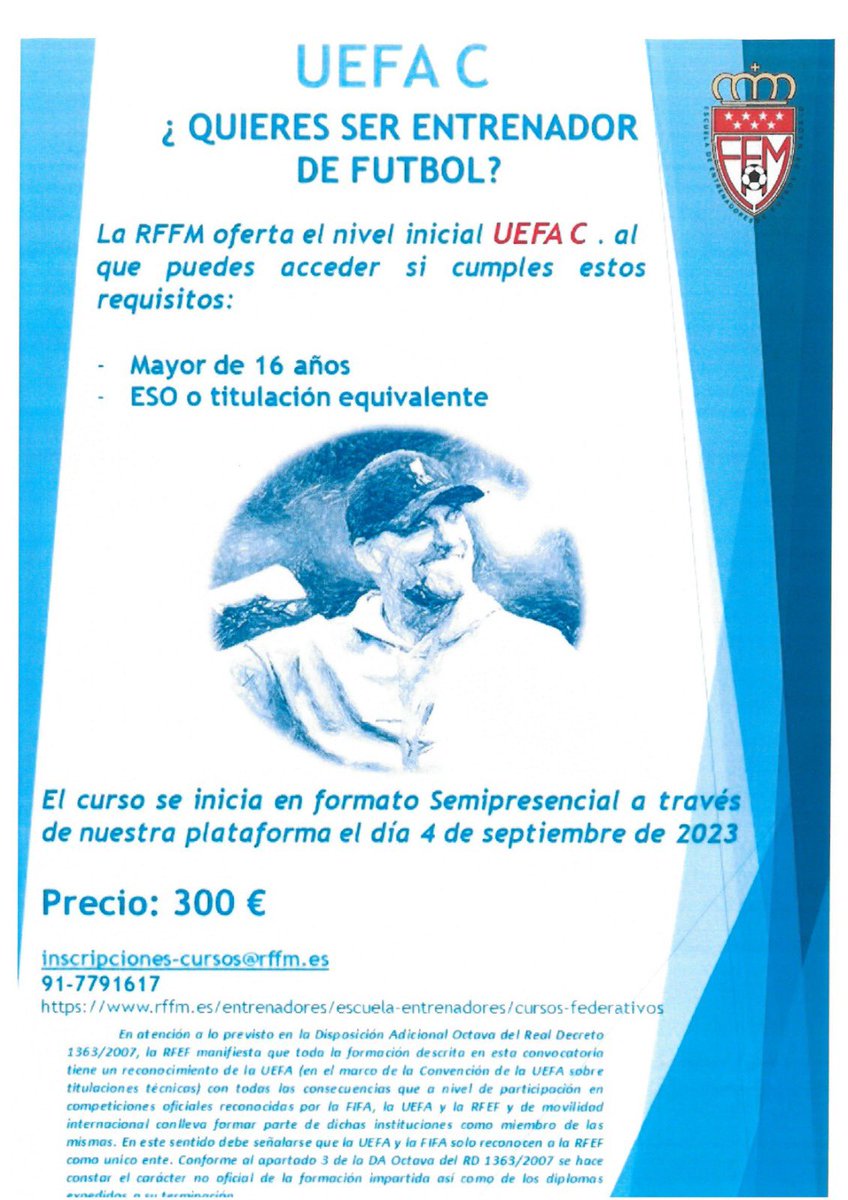 RFFM (@rffm_oficial) on Twitter photo 💪 ¿Quieres ser entrenador de fútbol?
Inicia tu formación con el UEFA C
Abierto plazo de inscripciones para el curso que da inicio el próximo 4 de septiembre
Curso semipresencial por plataforma
Inscripción: rfef.misquad.es/istudy_detalle…
ℹ️inscripciones-cursos@rffm.es
☎️917791617 💪 ¿Quieres ser entrenador de fútbol?
Inicia tu formación con el UEFA C
Abierto plazo de inscripciones para el curso que da inicio el próximo 4 de septiembre
Curso semipresencial por plataforma
Inscripción: rfef.misquad.es/istudy_detalle…
ℹ️inscripciones-cursos@rffm.es
☎️917791617