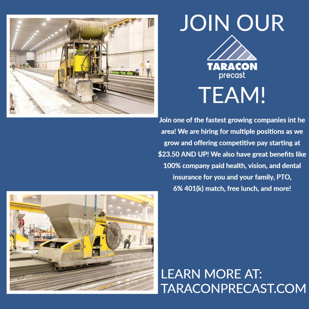 Taracon Precast is growing & looking for dedicated and hardworking people to join our team!

Current Openings:

Precast Production Laborers
Concrete Finishers
Revit Technicians
Sandblaster
Ready Mix Truck Driver

To learn more or apply visit taraconprecast.com/employment.

#nowhiring