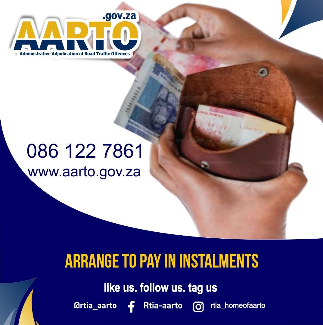 rtia_aarto's tweet photo. If you can't afford to settle your #AARTOFines in full at once, you can pay in up to 6 months instalments. Visit the #AARTO website https://t.co/TpKyAG1Du4 to download the AARTO 04 to apply to pay in instalments.
#AARTOEducation
#FixYourEish https://t.co/i8s29GIi27