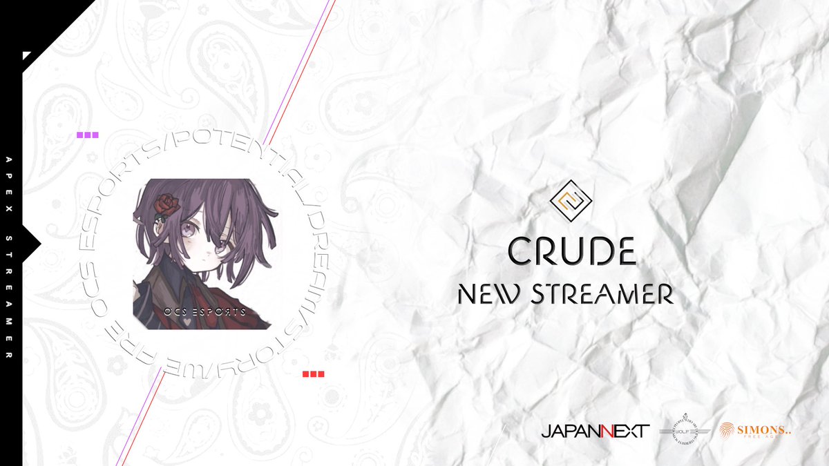 🔸 OCS e-sports ◆

🎊new streamer 🎊

▱▱▱▱▱▱▱
クルード
@CRUDE_KE_ 
▱▱▱▱▱▱▱

◻︎apexカスタム参加多数❕
◻︎優勝経験もあるプレ常連者💪

満を持して.....OCS参加‼️

皆様クルードとOCSを今後とも宜しくお願い致します📣