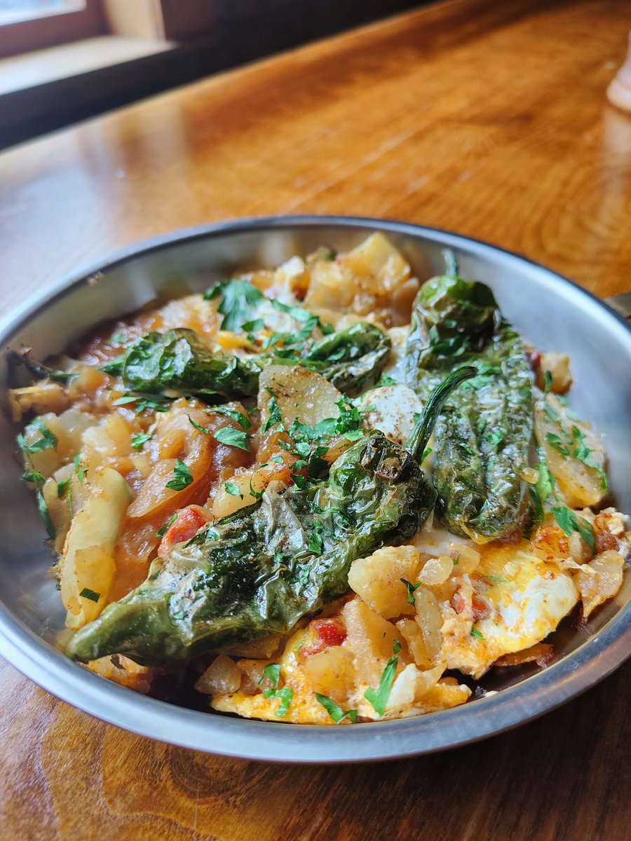 Today's lunch special - Huevos Estrellados

Crashed eggs with potato, chorizo, onion, garlic and pardon peppers.

Served til 5pm!