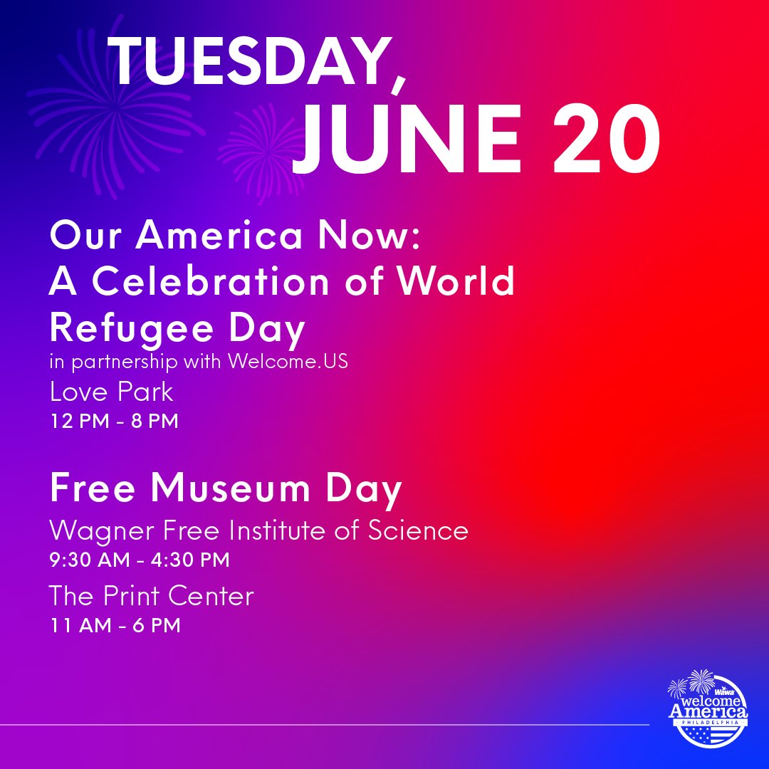 Wawa Welcome America (@july4thphilly) on Twitter photo #TuesdayTip: Shake up your mid-week routine with some #July4thPhilly action!
❤️ Celebrate #WorldRefugeeDay with <a href="/welcomeus/">Welcome.US</a> at <a href="/LOVEParkPhilly/">LOVE Park</a>
❤️ Enjoy free admission at <a href="/wagnerinstitute/">Wagner Free Institute of Science</a> and The Print Center
#CelebrateWithUs ➡️ bit.ly/3MRNe5o #TuesdayTip: Shake up your mid-week routine with some #July4thPhilly action!
❤️ Celebrate #WorldRefugeeDay with <a href="/welcomeus/">Welcome.US</a> at <a href="/LOVEParkPhilly/">LOVE Park</a>
❤️ Enjoy free admission at <a href="/wagnerinstitute/">Wagner Free Institute of Science</a> and The Print Center
#CelebrateWithUs ➡️ bit.ly/3MRNe5o