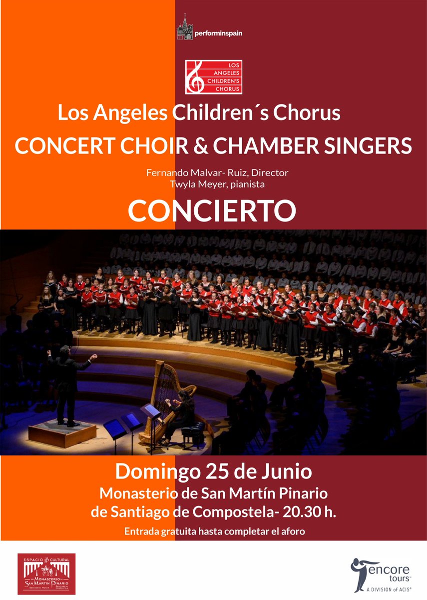 El Coro de Los Angeles Children´s Chorus, ofrecerá su cuarto concierto de su gira por España, en #Santiago ,actuando en el Monasterio de San Martin Pinario, el próximo domingo 25 de Junio a las 20:30 horas.
Sin duda alguna, una de las mejores organizaciones corales…