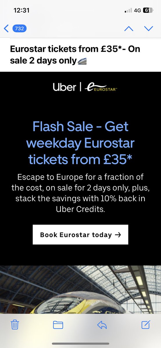 joynesy's tweet photo. @EurostarUK Have you got a cheeky discount code then as Uber are offering this… https://t.co/nidy7G3rUc