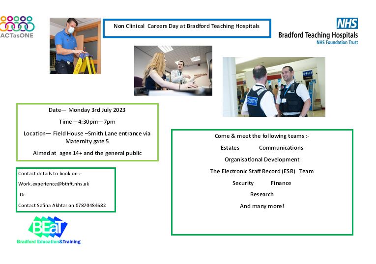 igscareers's tweet photo. BTHFT are be running their first non-clinical Careers Day! It offers a chance to speak to staff and get a feel of the jobs they offer outside clinical roles. If you are interested in attending, email work.experience@bthft.nhs.uk to confirm your place by 30.6.23!
#careers https://t.co/t15gihf80m