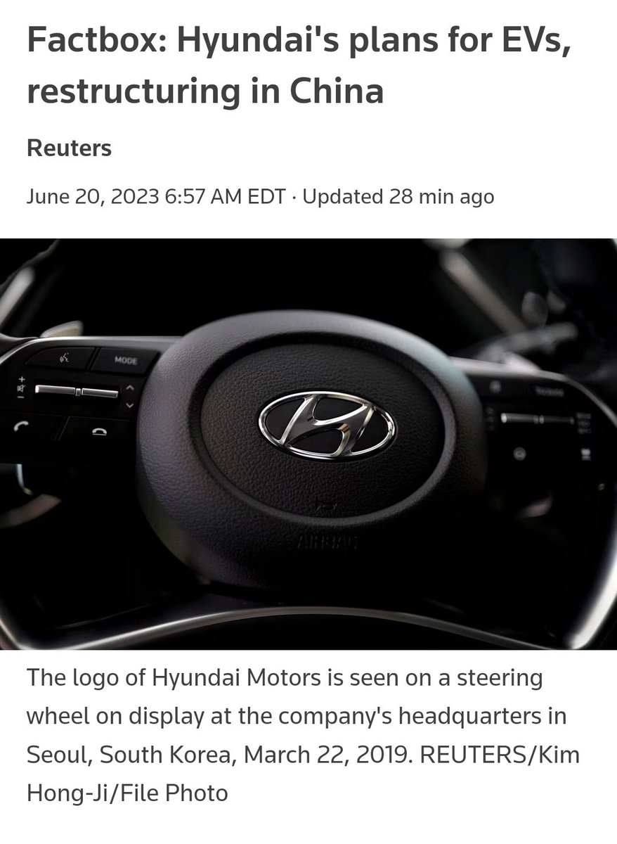 Hyundai's restructuring plan includes:
- close a factory in China 👍
- construct new factories in the US and South Korea 👍

Clever investors should do this, i.e., divest from China. 😏