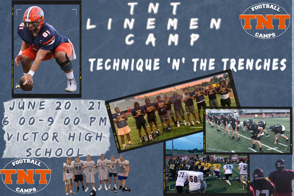 TONIGHT!

2 Days - Pads on - Linemen Fundamental Camp! 
 
100+ local linemen are pre-registered!  
Walk ins are welcome!  

📅: June 20/21 - Tuesday/Wednesday 
⏰: Registration: 5:30pm 
📍: Victor HS