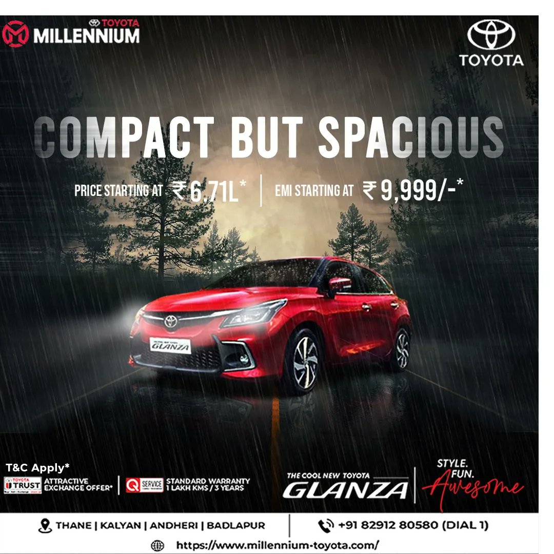 Experience the Wonder of Compact & Spaciousness Glanza.

📍 Thane | Kalyan | Andheri | Badlapur

📱 +91 82912 80580 (Dial 1)

#toyota #toyotaindia #mumbai #showroom #millenniumtoyota #glanza #toyotaglanza