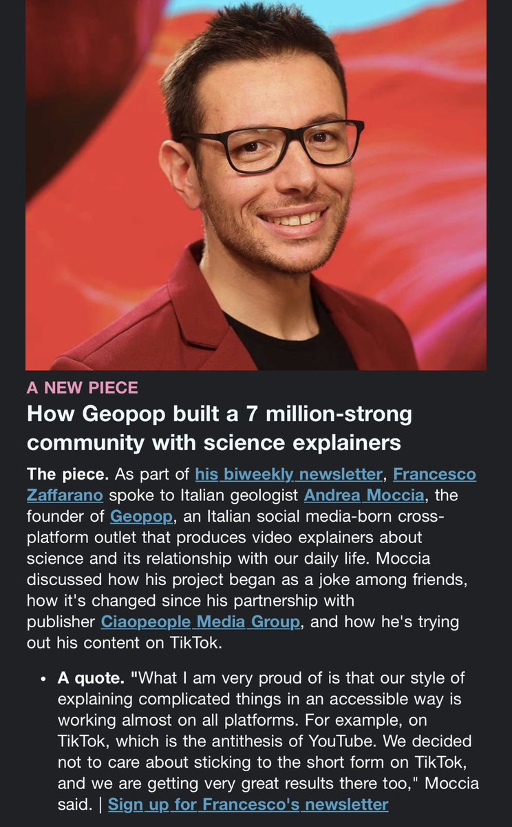 sree's tweet photo. USEFUL: How @AndreaMoccia7 built GEOPOP, a huge community with science explainers. By @FraZaffarano, via @risj_oxford’s #worthynewsletter #sreetaly 
https://t.co/tAolVRYDny https://t.co/W2E3b4FrxQ