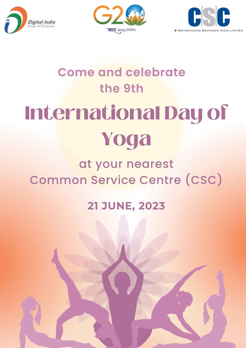 Let’s join the celebration….Visit your nearest CSC and make your contribution to 9th #InternationalDayofYoga2023 #CSCPeYoga #MyYogaMyPose