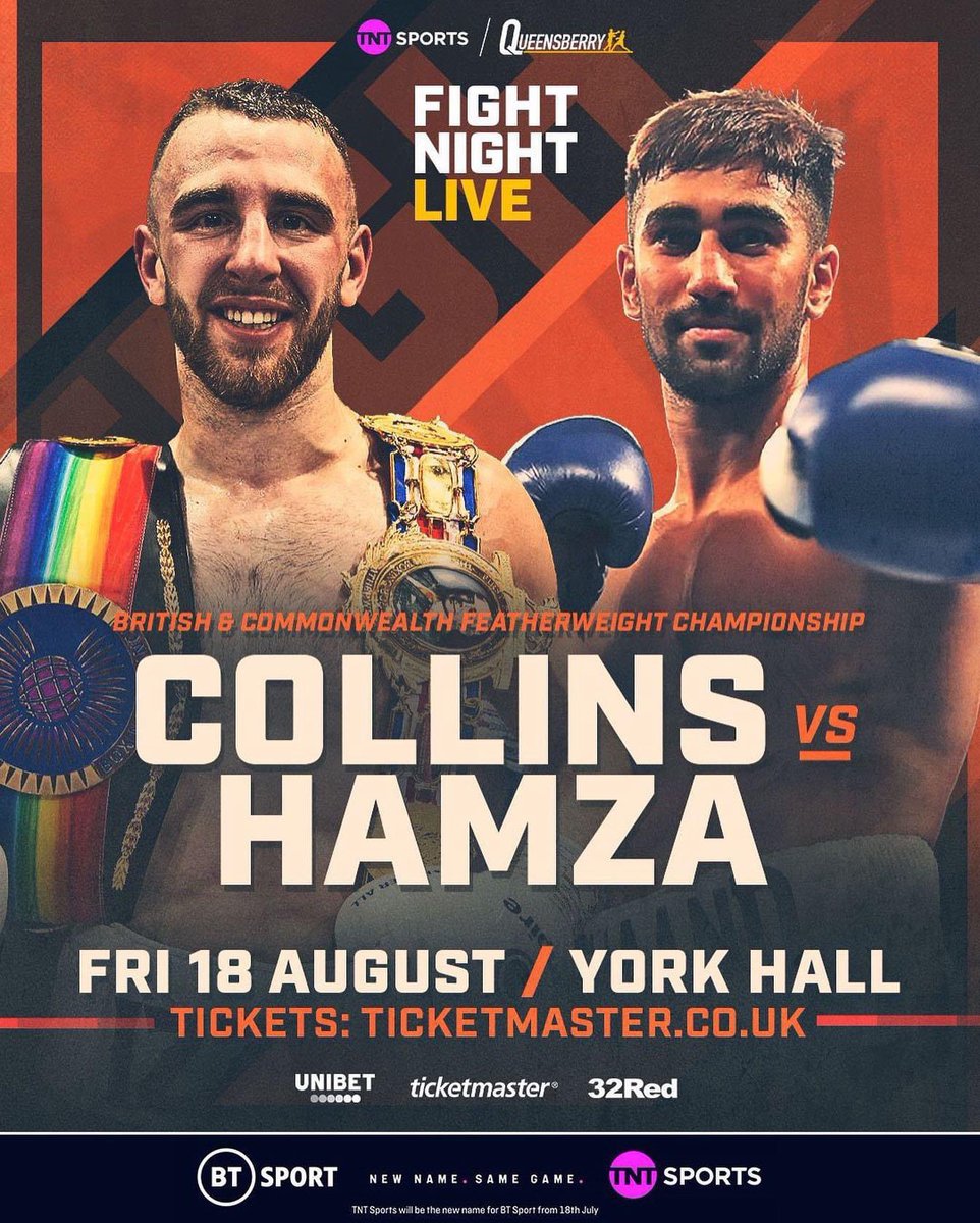 🥊

📍 London 🇬🇧 
📅 18.8.23
📺 @BTSportBoxing 

🥊 @ODennismccann v Baluta 

👑 British & Commonwealth featherweight titles 

@NateCollins60 v @real_razahamza 

@Queensberry | @FrankWarren 

#SimBoxx