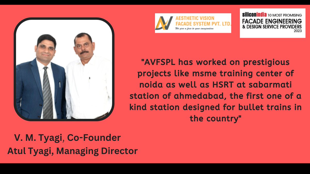 SINewsUpdates's tweet image. Aesthetic Vision Facade Systems (AVFSPL) has been selected by SiliconIndia as one of the &apos;10 most promising Facade Engineering &amp;amp; Design Service Providers-2023&apos;.

Article: lnkd.in/g5ufbfq5

#EngineeringDesignServiceProviders #facadeEngineering #ServiceProviders #engineering