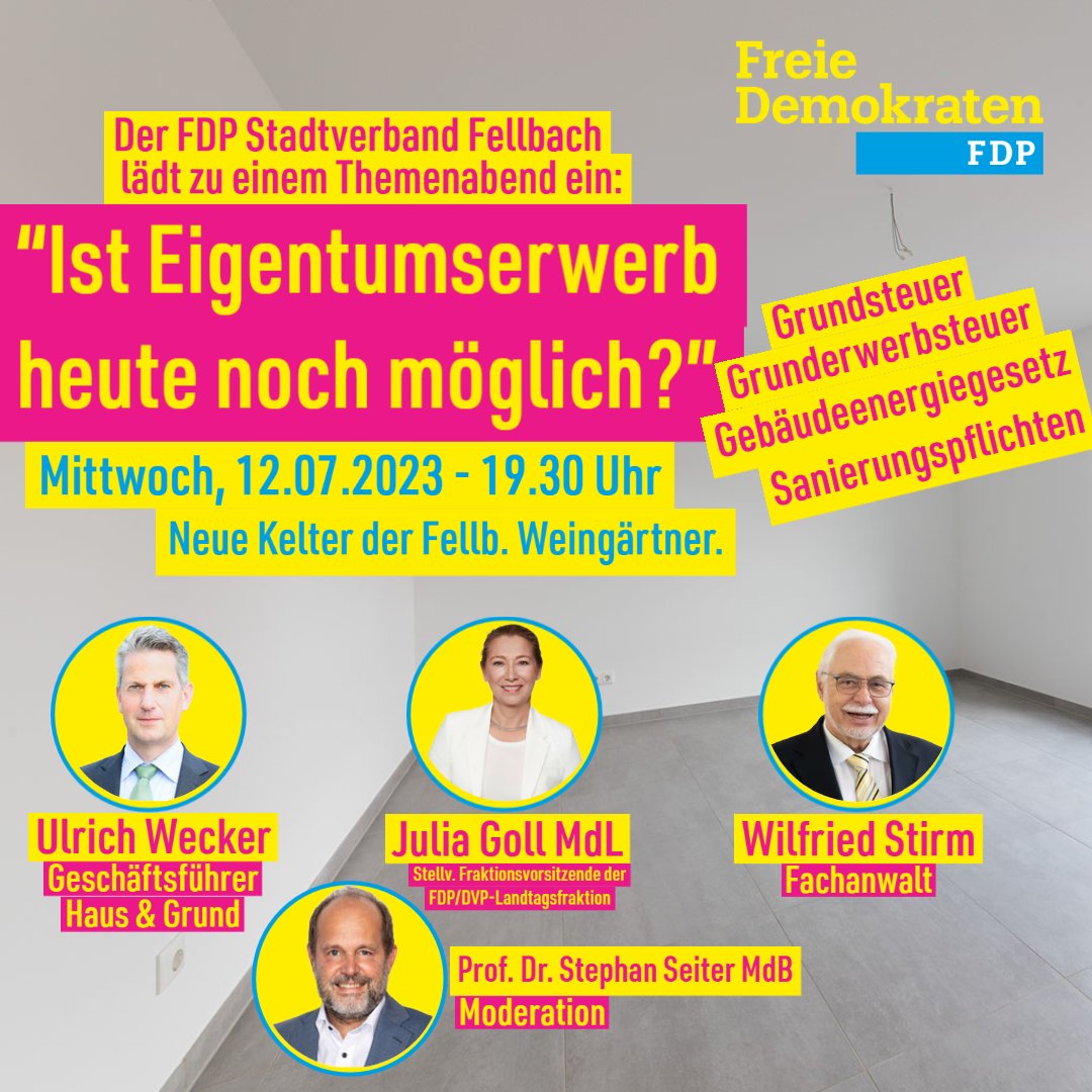 Einladung zum Themenabend der FDP #Fellbach:
„Ist Eigentumserwerb heute noch möglich?“
#Grundsteuer,##Grunderwerbsteuer, Gebäudeenergiegesetz und Sanierungspflichten - 12. Juli 2023 um 19.30 Uhr. Neue Kelter. #FDP #herewegoll
julia-goll.de/termin/themena…