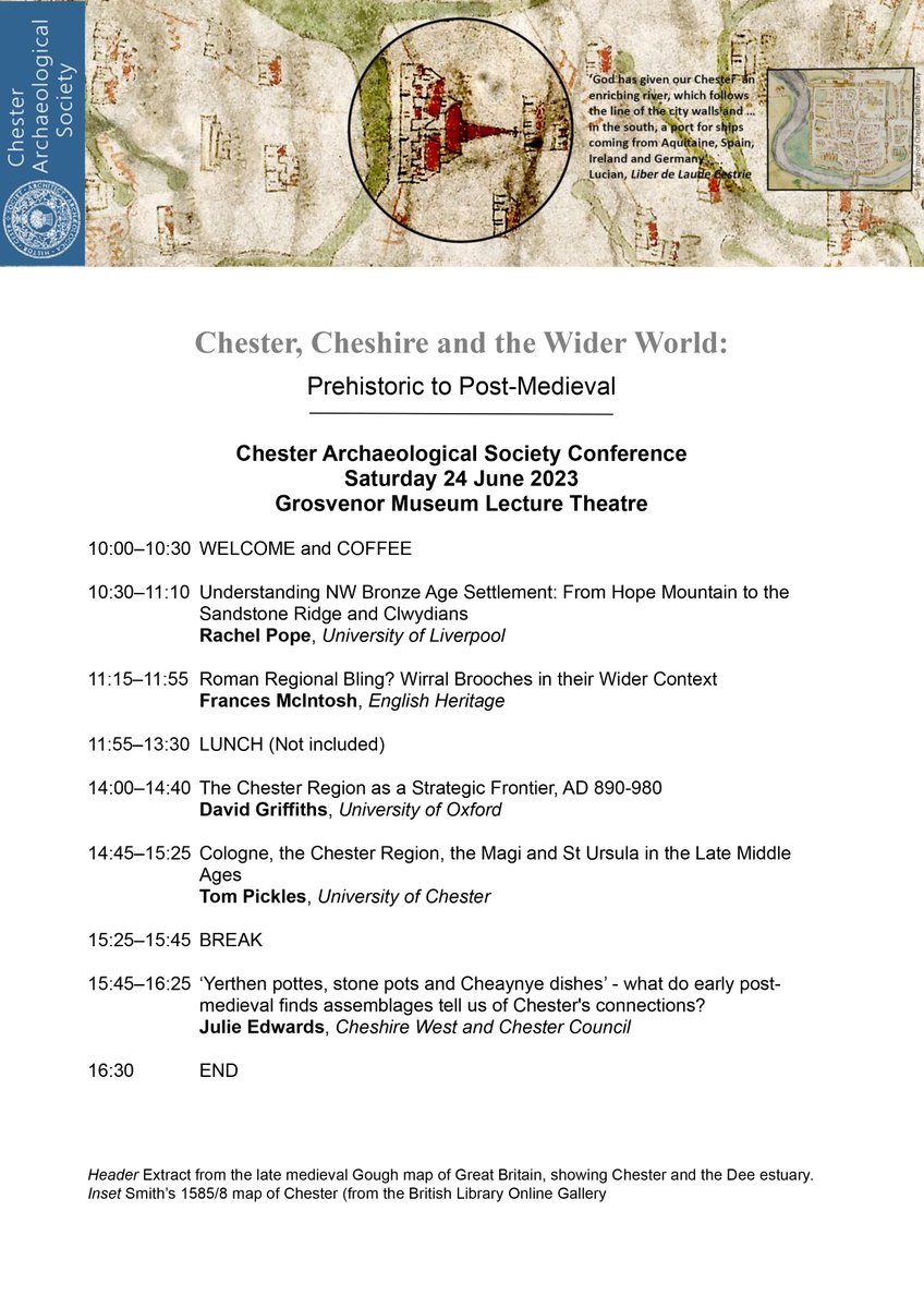 Conference Sat 24 June 2023, Grosvenor Museum. See the programme here. We look beyond the City Walls at the inter-regional and international connections that sustained Chester and its environs. £20, CAS members £15. To book, go to chesterheritagefestival.co.uk/event-details/…….