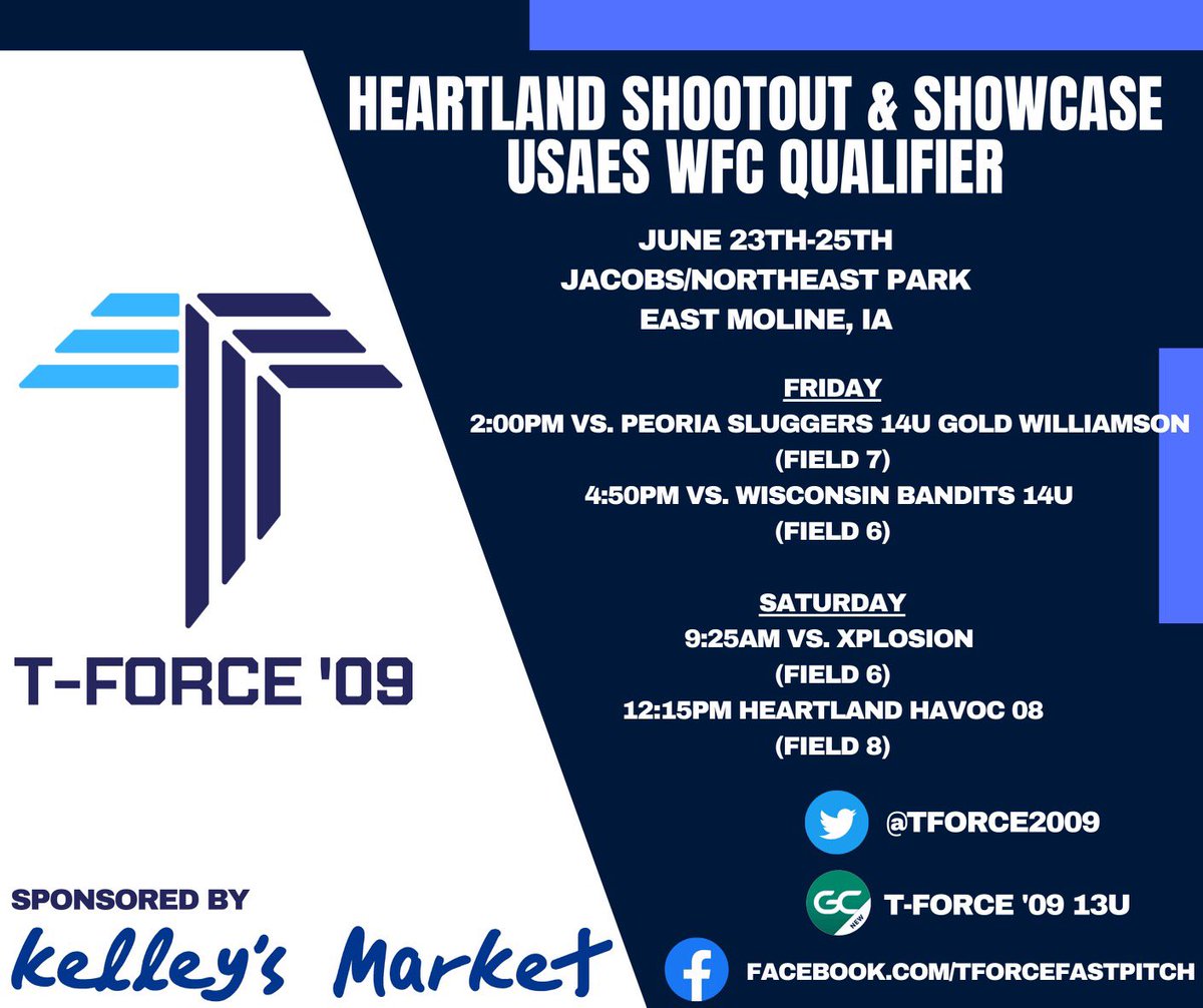 Friday brings more exciting games at the #HeartlandShootout in the Quad Cities. <a href="/TForce2009/">TForce 09</a> is ready to face some more good 🥎competition this weekend. 

Thank you <a href="/KelleysMarket/">Kelley's Market</a> for your continued support. #fastpitch #softball <a href="/D1Uncommitted/">Anthony Edwards</a> <a href="/D1Softball/">D1Softball</a> <a href="/TopPreps/">SPORTS NEWS, VIDEOS, GRAPHICS, EXPOSURE & MORE</a> <a href="/ExtraInningSB/">EXTRA INNING SOFTBALL</a>