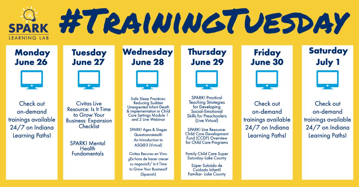 Register now to join us for next week's upcoming training opportunities!

See a full list of upcoming face-to-face trainings, live webinars, and live resources, read training descriptions, and find registration instructions here:
indianaspark.com/training-calen…

#TrainingTuesday