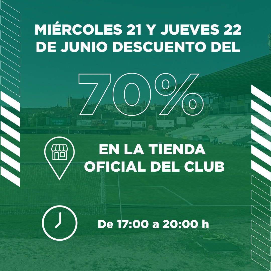 🛒 𝗢𝗳𝗲𝗿𝘁𝗮 𝗲𝘀𝗽𝗲𝗰𝗶𝗮𝗹 fin de temporada.

Miércoles y jueves un 70% de descuento en nuestra tienda 👀

¡Aprovéchate de esta pedazo de promoción! 🛍️

#SiempreCDToledo 💚⚪️