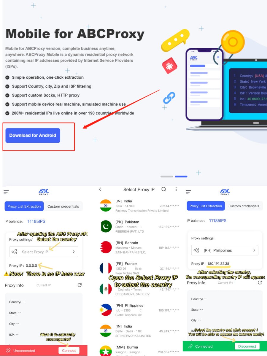 Tititadta's tweet image. How to Use ABCproxy Android Extract #Proxy IP Feature?
🎈TIPS:Keep Mobile &amp;amp; Windows ABC software connected to the same network!
1️⃣ we log in app and bind by device number
2️⃣ in the app select the proxy IP and choose the country you need
 3️⃣Click Connect; done. 
#abcproxy #Scrap