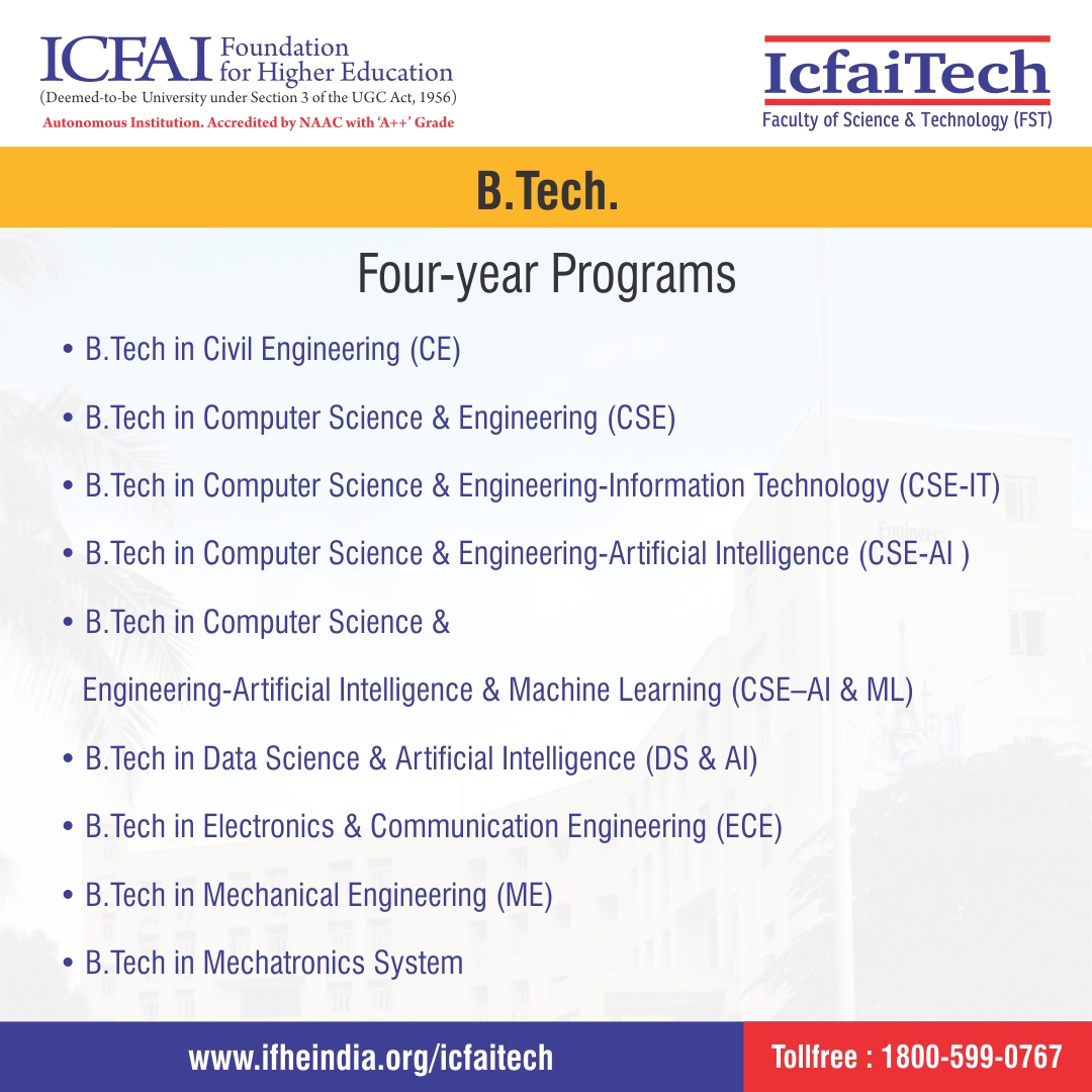 🎓 Explore a world of possibilities with ICFAITECH Hyderabad! Pursue your passion in our 4-year B.Tech program, offering branches in #ComputerScience, #ElectronicsandCommunication, #MechanicalEngineering, and #CivilEngineering.