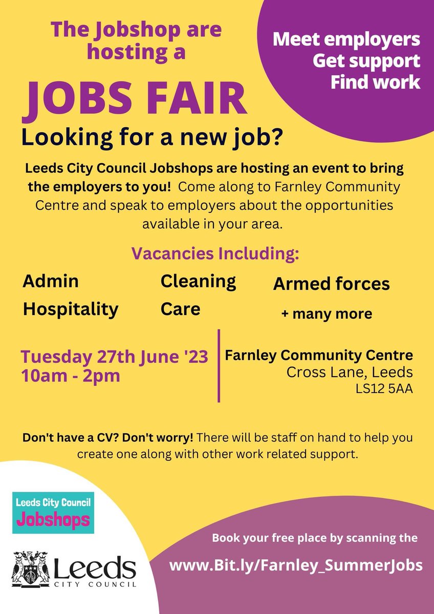 If you are looking for employment opportunities in West Leeds why not go along to the Jobs Fair at Farnley Community Centre on Tuesday 27th June between 10am and 2pm. Click on the link to book a ticket or just drop in on the day! eventbrite.com/e/farnley-comm…