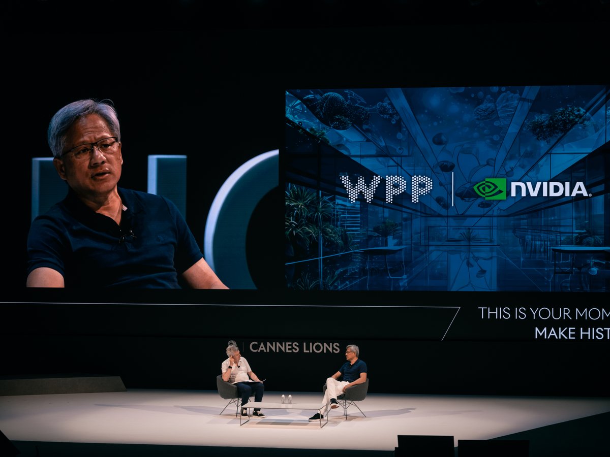 WPP's tweet photo. “You’re going to be super-charged. The creative process will be supercharged” - @nvidia Founder and CEO Jensen Huang talks with @WPP CEO @readmark onstage at @Cannes_Lions about the transformative opportunities of AI for marketing and our industry 

#WPPCannes #CannesLions2023 https://t.co/5GXn424nEb