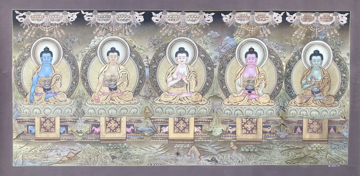 The Five Tathagatas. 
.
.
.
.
.

#Tathagatas  #Buddhas #dhyani #wisdom #adibuddha #vairochana #akshobhya #amitabha #ratnasambhava #amoghasiddhi #vajrayana #lamathankapaintingschool #thangka #thankapainting #sacred #himalayanart #art #heritage #livingheritage #mindfullness #sacred