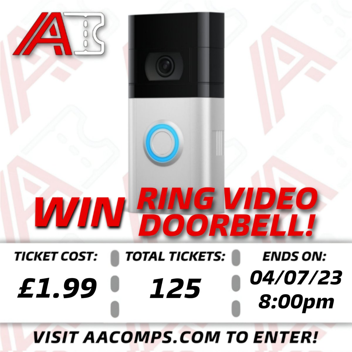 AA_Comps's tweet photo. Win a Ring Doorbell for only £1.99!
TICKETS AVAILABLE NOW!
There are Only 125 tickets available at £1.99 each, when they're gone, they're gone!
Visit https://t.co/5PkPiVl0AZ to enter now!
#competition #winningmadeeasy #win https://t.co/pNGhIhe1jj