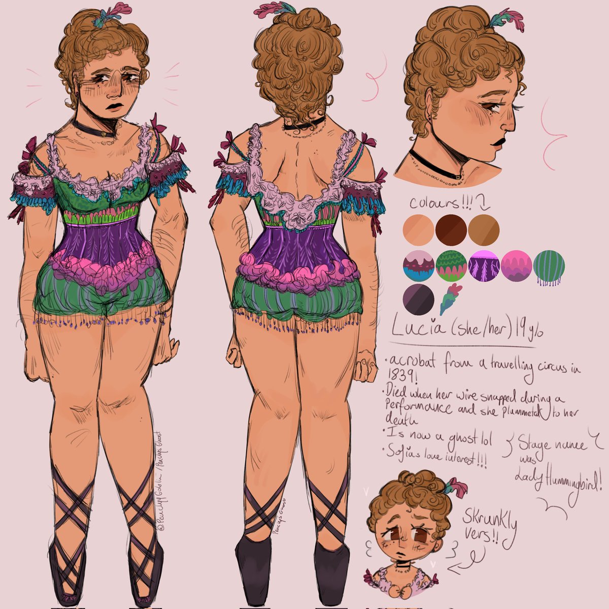 got my reference of Lucia for art fight 🫶

Anyways new cbs ghosts oc!! She's Sofias love interest(another oc teehee) and is an acrobat who performed with a travelling circus on Hettys land while she was still a child. her outfit is based on a hummingbird <3
#ghostscbs #cbsghosts