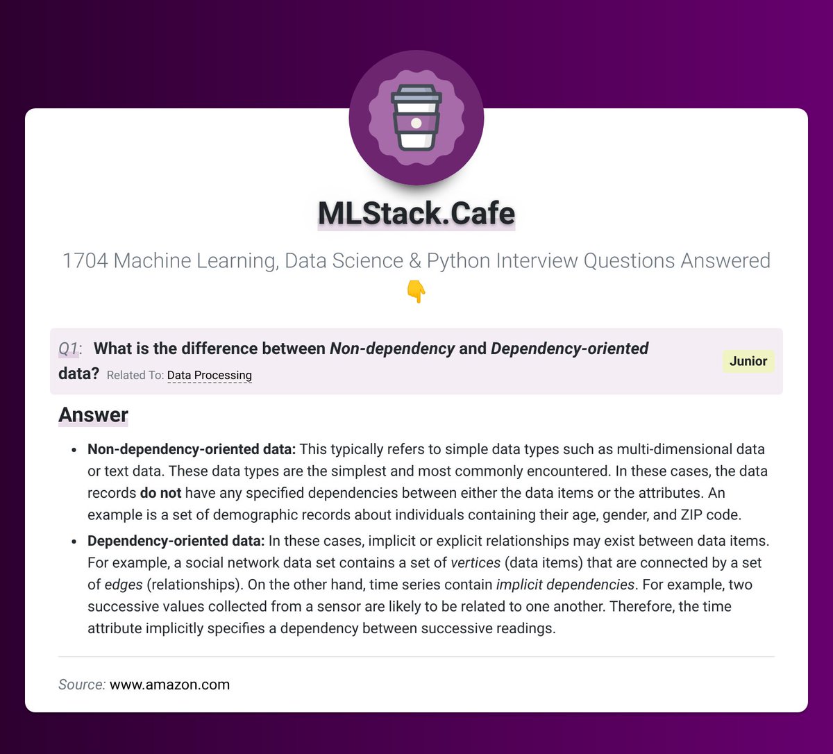 Having #MachineLearning or #DataScience #Interview? Can you answer this question? 🤔

❓ QA: 'What is the difference between Non-dependency and Dependency-oriented data?'
📚 Topic: #dataprocessing
🟢 Difficulty: Junior

#programming #ml #scikit

Check Right Answer Now 👇