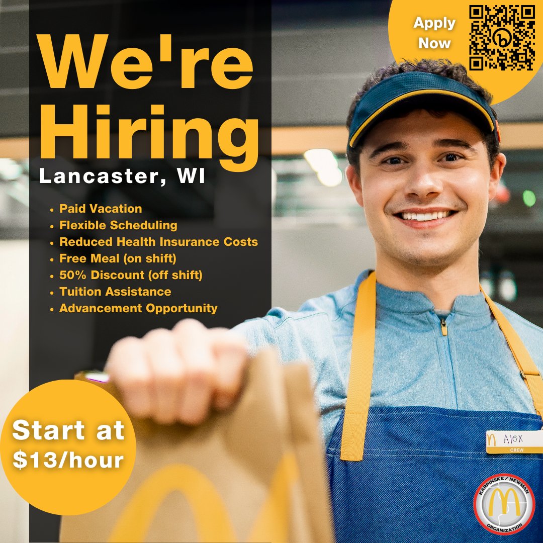 tristatemcd's tweet photo. We are currently hiring at our Lancaster, WI location! The starting pay is $13/hour, and team members will receive benefits like tuition assistance, reduced health insurance costs, paid vacation, &amp; more! Apply today at https://t.co/8BLeuxtODS #Lancaster #JobOpportunity #McDonalds https://t.co/OoJsHSQZC6