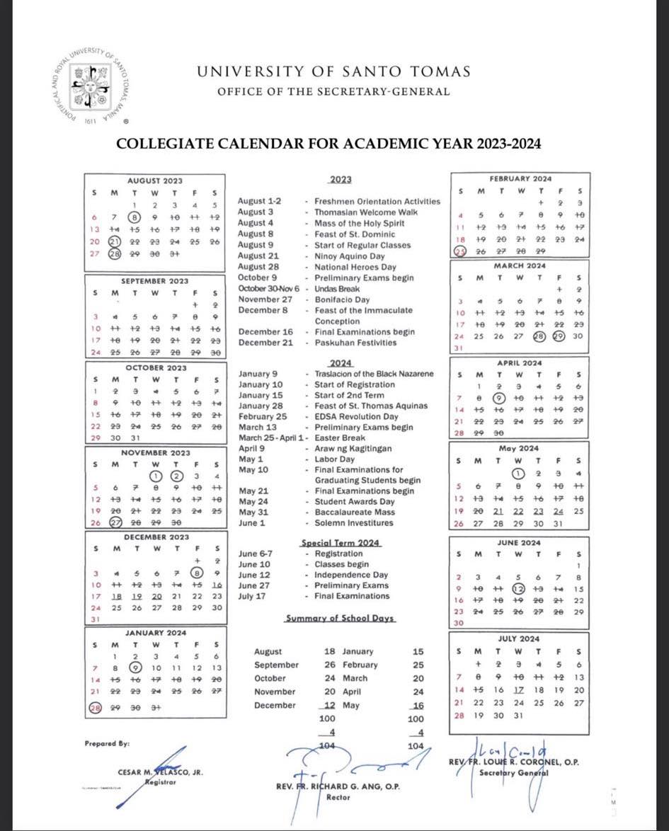 varsitarianust's tweet photo. BREAKING: UST will start classes for A.Y. 2023-2024 on Aug. 9, 2023. The Welcome Walk for freshmen will be held on Aug. 3. https://t.co/S6PyyxwqPF