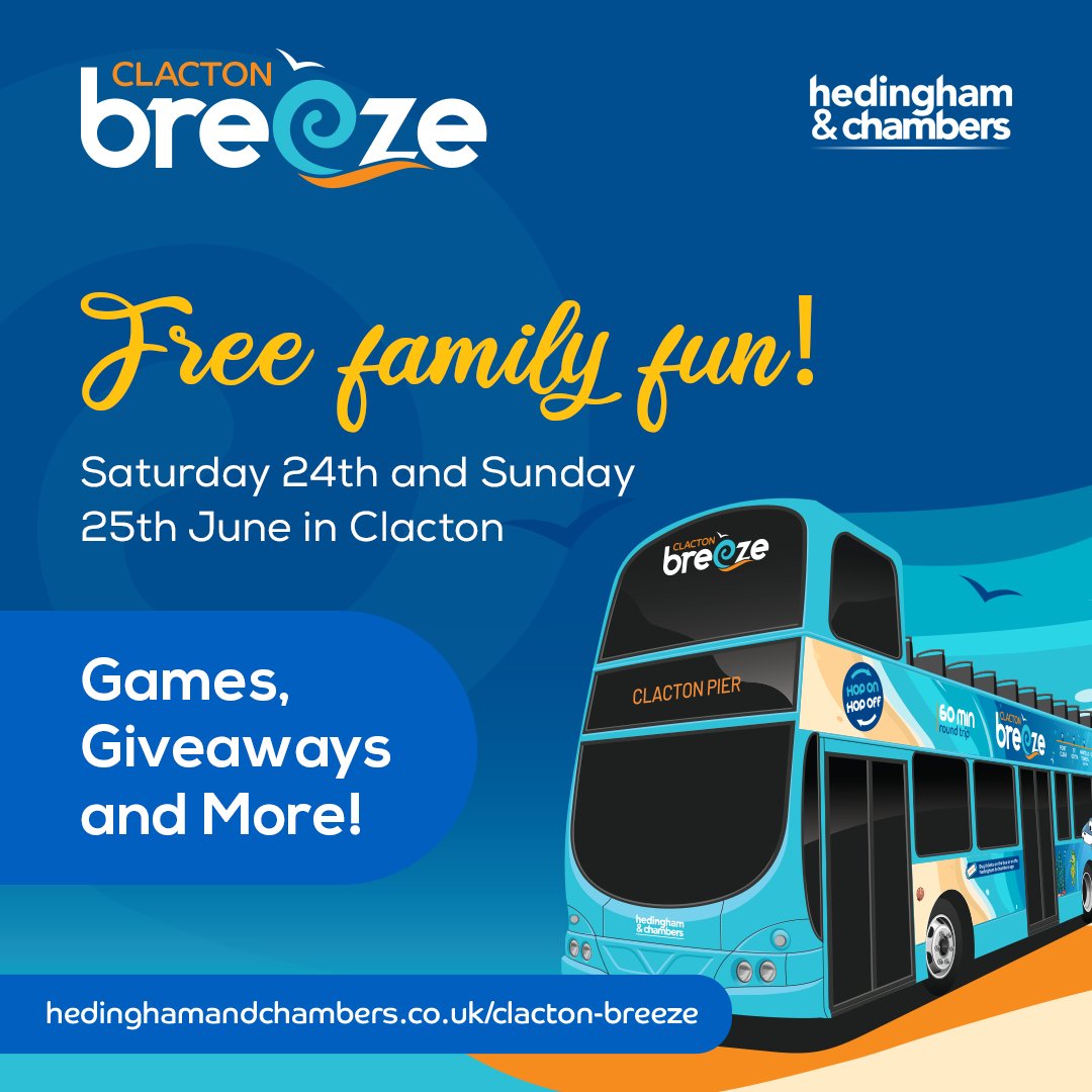 hedinghambuses's tweet photo. Join us for some FREE family fun this weekend! Hop on to the Clacton Breeze bus at our launch event in Clacton. 
Find us by the sea at Martello Car Park and Marine Parade West, Clacton from 10am on Sat 24 &amp; Sun 25 June. 

https://t.co/fsghJZUbXD 🚍🏖️ https://t.co/6AkePeu63W