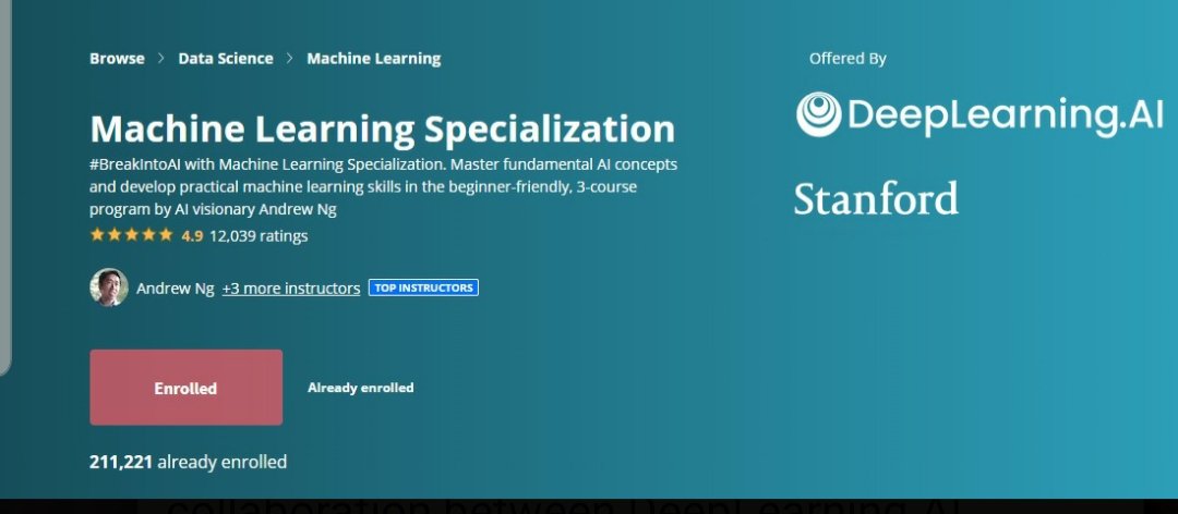 techbigsis's tweet photo. I'm embarking on an interesting learning journey with #coursera as I explore the Machine Learning Specialization. 

This Specialization is a foundational online program created in collaboration between https://t.co/jxRL2GSfo7 and Stanford Online.

Posting this for #Accountability https://t.co/3VTpI7PUl3
