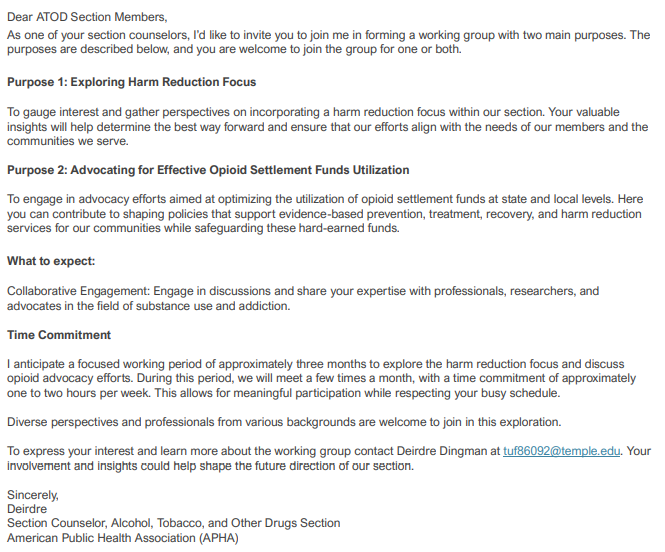 APHA ATOD (@apha_atod) on Twitter photo "📷 Calling all ATOD Section Members! Would you like to join a working group to explore harm reduction and advocate for effective utilization of opioid settlement funds? Please contact Deirdre Dingman at tuf86092@temple.edu. #HarmReduction #OpioidSettlementFunds" "📷 Calling all ATOD Section Members! Would you like to join a working group to explore harm reduction and advocate for effective utilization of opioid settlement funds? Please contact Deirdre Dingman at tuf86092@temple.edu. #HarmReduction #OpioidSettlementFunds"