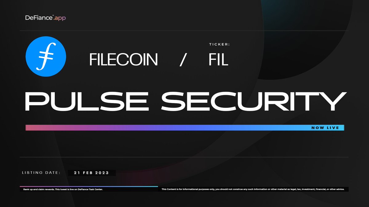.@Filecoin Pulse Security is now live on DeFiance.app/Pulse/Filecoin.

#Pulse collects carefully analyzed data from protocols, our partners and Divine DeFiants to assess the strengths and weaknesses of a protocol.

Review-to-Earn: users.DeFiance.app.
$FIL #DeFianceApp