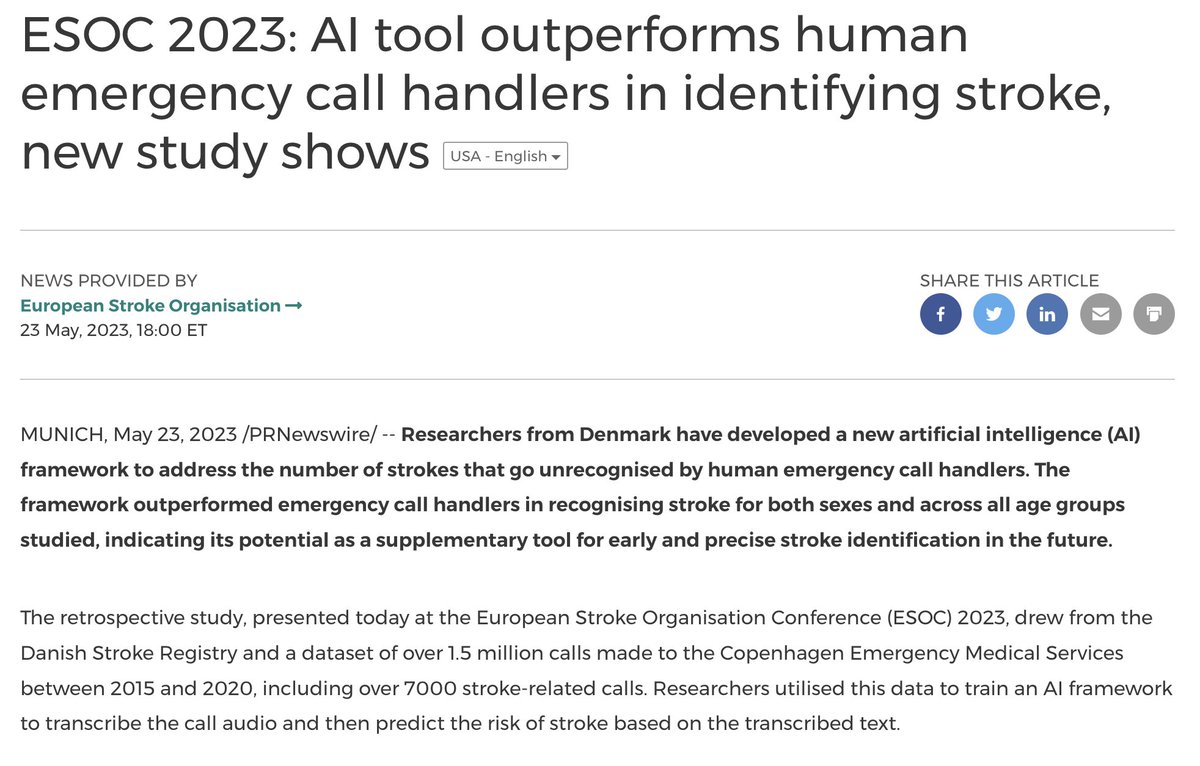 🚨 BREAKING NEWS 🚨
An AI framework trained on 1.5 million calls to the Copenhagen Emergency Medical Services outperformed human emergency call handlers in identifying stroke cases. The study was presented at the European Stroke Organisation Conference (ESOC) 2023. #AI #strokepre