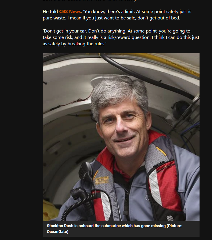 This is wild...
The Titanic missing sub affair:
Called OceanGate, which honestly is a great name and hashtag to the hearings to come.
The CEO saying, 'safety is a pure waste'
#OceanGate #Titcanic #Titan #StocktonRush
