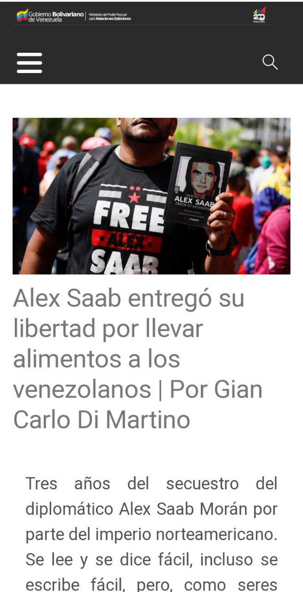 ♦️ 3 años del secuestro del Diplomático

Alex Saab entregó su libertad por llevar alimentos a los venezolanos. 
#FreeAlexSaab <a href="/POTUS/">President Donald J. Trump</a> <a href="/SecBlinken/">Secretary Antony Blinken</a> mppre.gob.ve/opinion/alex-s…