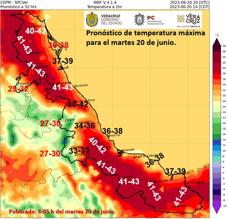 spcver's tweet photo. 🥵Amigas y amigos seguimos  con ambiente muy caluroso y bochornoso en Veracruz. Aquí el pronóstico de temperaturas máximas para este martes 20 de junio. También persiste la probabilidad que en algunos puntos los valores se acerquen o superen sus registros históricos. 👇👇🏾 https://t.co/KpkyWFPwm1
