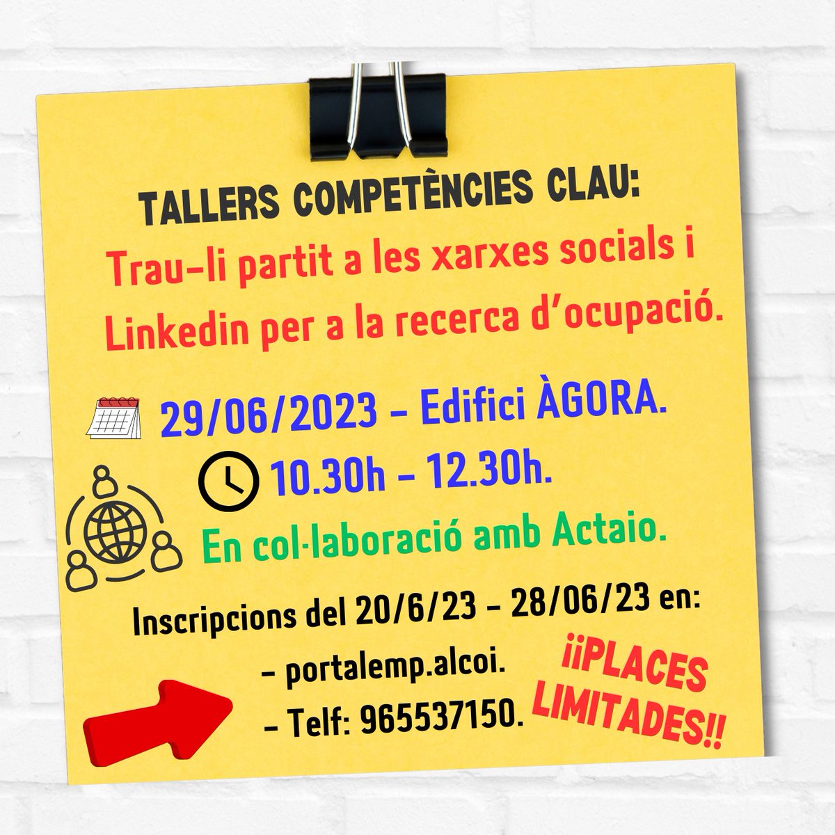 👉Estàs  à l'atur?
👉Vols millorar el teu perfil d'ocupació i tindre més oportunitats?
 👩‍🏫Des de Promoció Econòmica de l'Ajuntament d'Alcoi, s'impartiran una sèrie de tallers de COMPETÈNCIES CLAU per a millorar la teua cerca d'ocupació.
☎️📧Contacta i reserva la teua plaça!!!