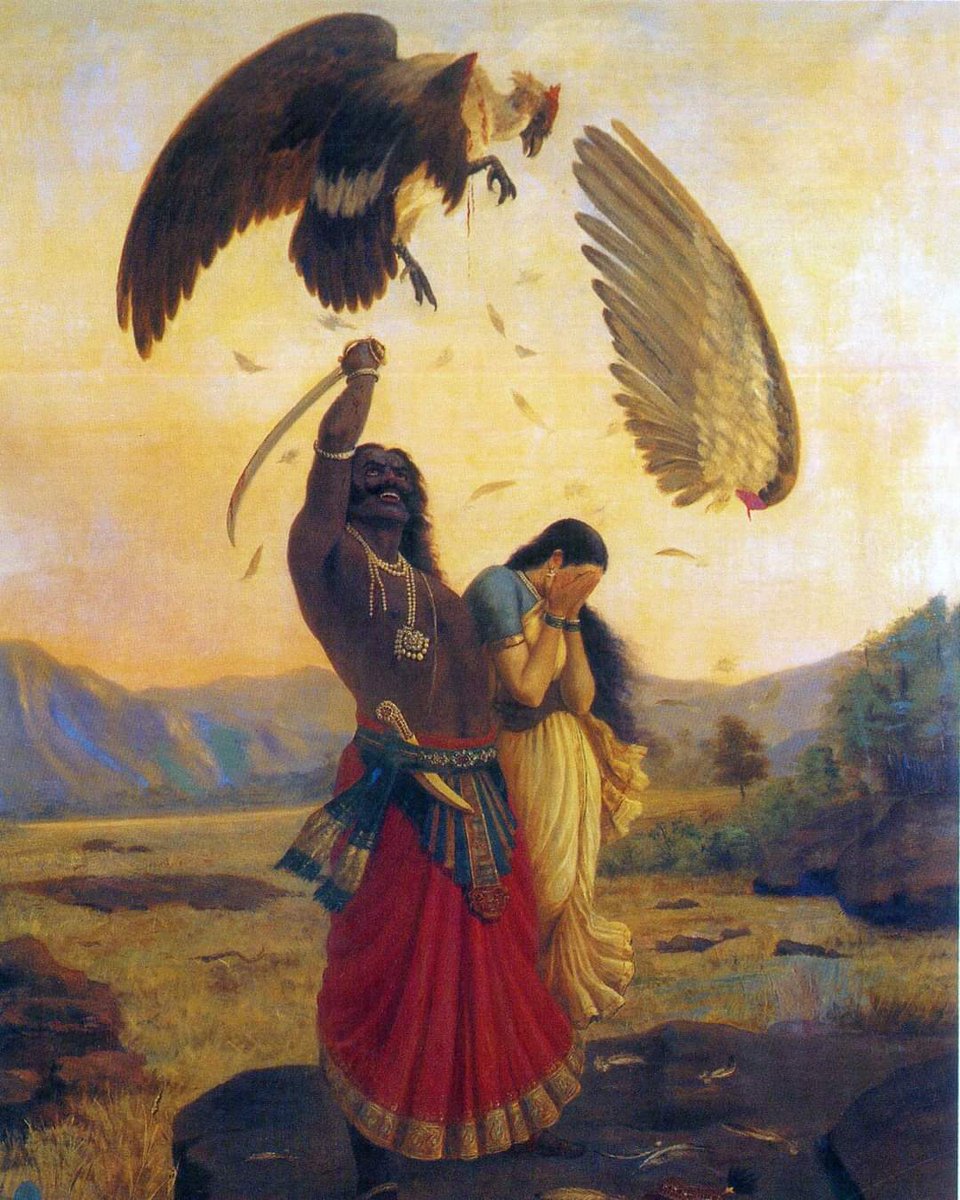 #RajaRaviVarma  Jatayu Vadh . What an excellent painting. In this painting, Ravi Varma captures the dramatic scene of Jatayu, the noble vulture, valiantly defending Sita from the clutches of the demon king Ravana. Jatayu is shown engaged in a fierce battle, his wings spread wide,