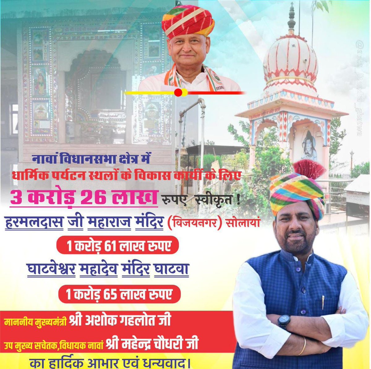 नावां विधानसभा क्षेत्र में
धार्मिक पर्यटन स्थलों के कार्यों के लिए 
3 करोड़ 26 लाख रुपए स्वीकृत।

हरमलदास जी महाराज
मंदिर (विजयनगर) सोलायां
1 करोड़ 61 लाख रुपए स्वीकृत

घाटवेश्वर महादेव मंदिर घाटवा
1 करोड़ 65 लाख रुपए
<a href="/Mahendranawa/">Mahendra Choudhary</a>
<a href="/sureshlegha/">Suresh Choudhary</a>
#Mahendrachoudhary #NAWAMla