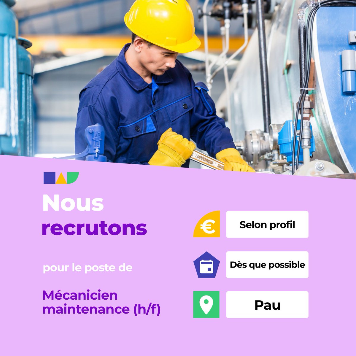 🛎️ Nouvelle offre d'emploi : Mécanicien maintenance (h/f)
🌎 Pau (64000)
📅 Démarrage dans les 7 prochains jours
👉 Plus d'infos : jobs.iziwork.com/fr/offre-emplo…
#recrutement #intérim #emploi #OffreEmploi #job #iziwork