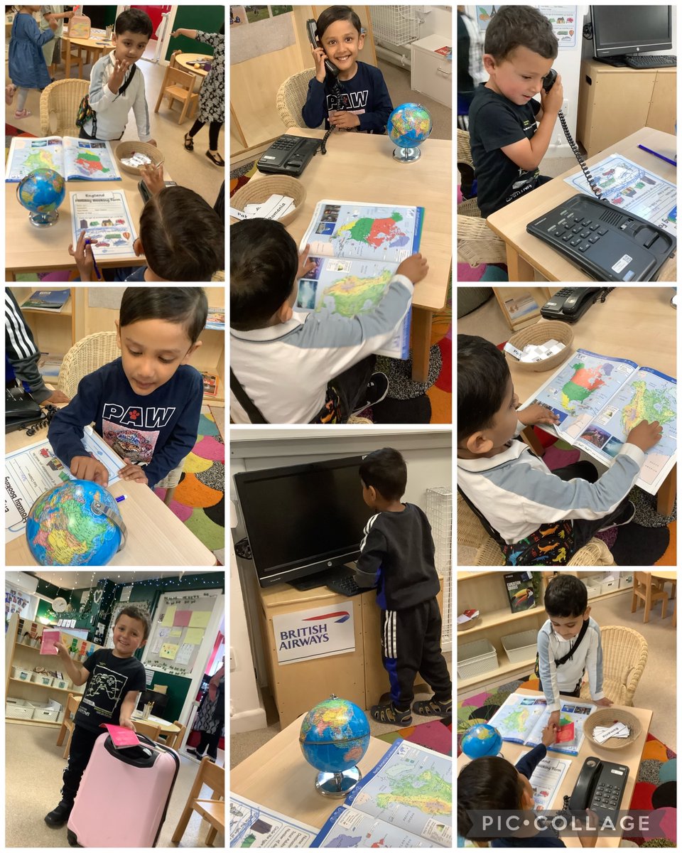 MarshfieldPS's tweet photo. The nursery travel agents are busy today. We have children flying to many countries including Morocco and Belgium. The travel agent staff are fantastic at ensuring everyone has a passport, and showing them on the globe where they will be travelling #Nursery #ExploringOurWorld https://t.co/i94QF6O87a