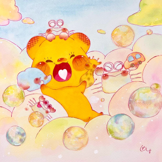 The squareで展示していただいた4作品  雲の上×くまさん×カニさん!  #illustlation #イラスト #水彩イラスト #水彩 #色鉛筆